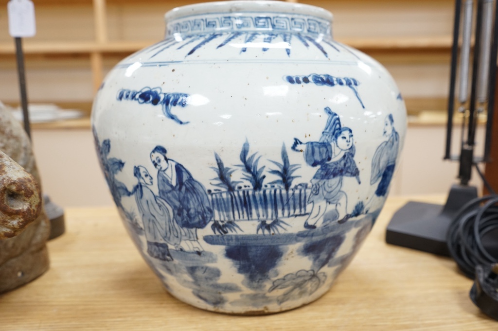 A large Chinese blue and white jar, 32cm high. Condition - some glazing faults